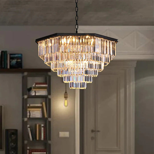 4 Tiers Living Room Suspension Pendant Traditional Clear/Amber Three Sided Crystal Rod 11 Heads