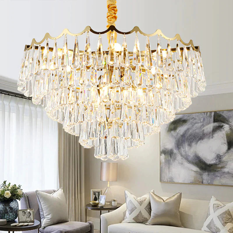 Tapered Waterdrop Crystal Chandelier Light Postmodern 9 Heads Living Room Ceiling In Gold