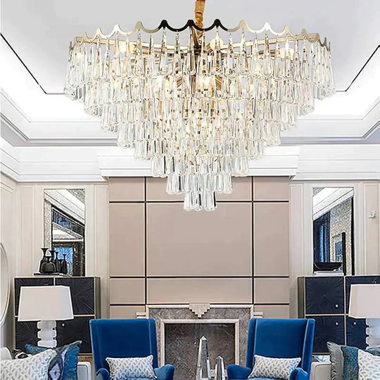 Tapered Waterdrop Crystal Chandelier Light Postmodern 9 Heads Living Room Ceiling In Gold