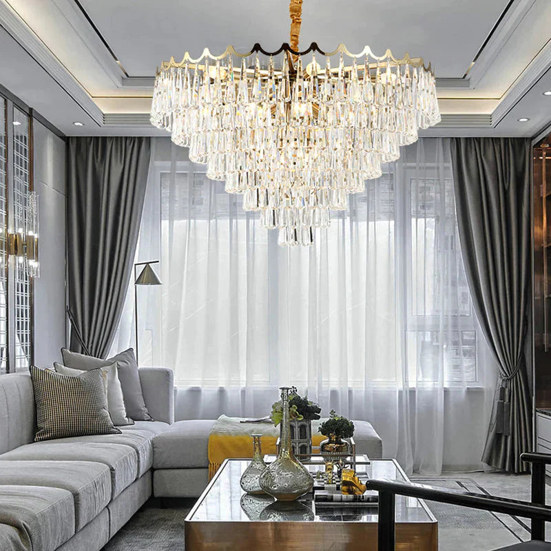 Tapered Waterdrop Crystal Chandelier Light Postmodern 9 Heads Living Room Ceiling In Gold