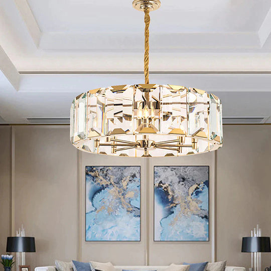 Gold Drum Ceiling Lamp Postmodern Faceted Crystal Panel 6 Heads Living Room Chandelier Lighting