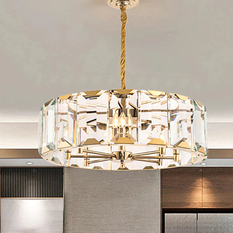 Gold Drum Ceiling Lamp Postmodern Faceted Crystal Panel 6 Heads Living Room Chandelier Lighting