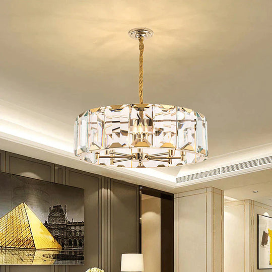 Gold Drum Ceiling Lamp Postmodern Faceted Crystal Panel 6 Heads Living Room Chandelier Lighting