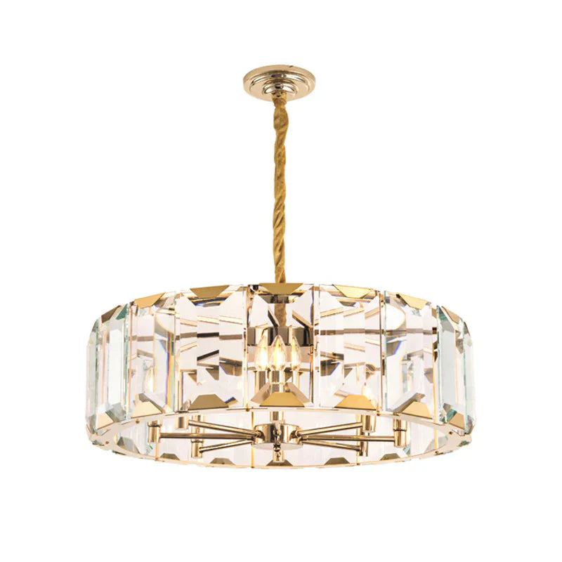 Gold Drum Ceiling Lamp Postmodern Faceted Crystal Panel 6 Heads Living Room Chandelier Lighting