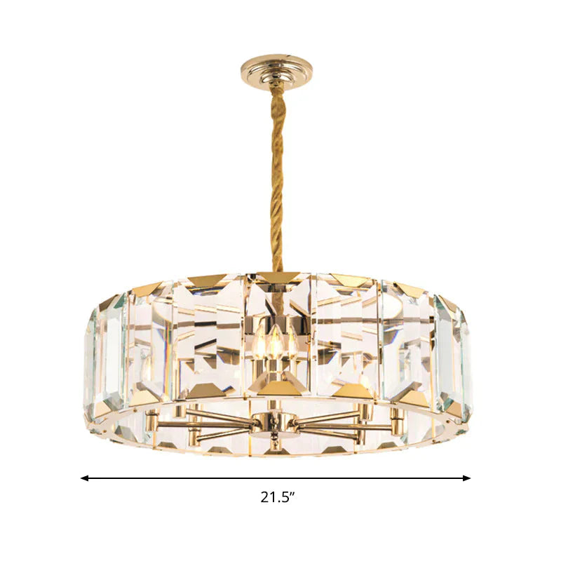 Gold Drum Ceiling Lamp Postmodern Faceted Crystal Panel 6 Heads Living Room Chandelier Lighting