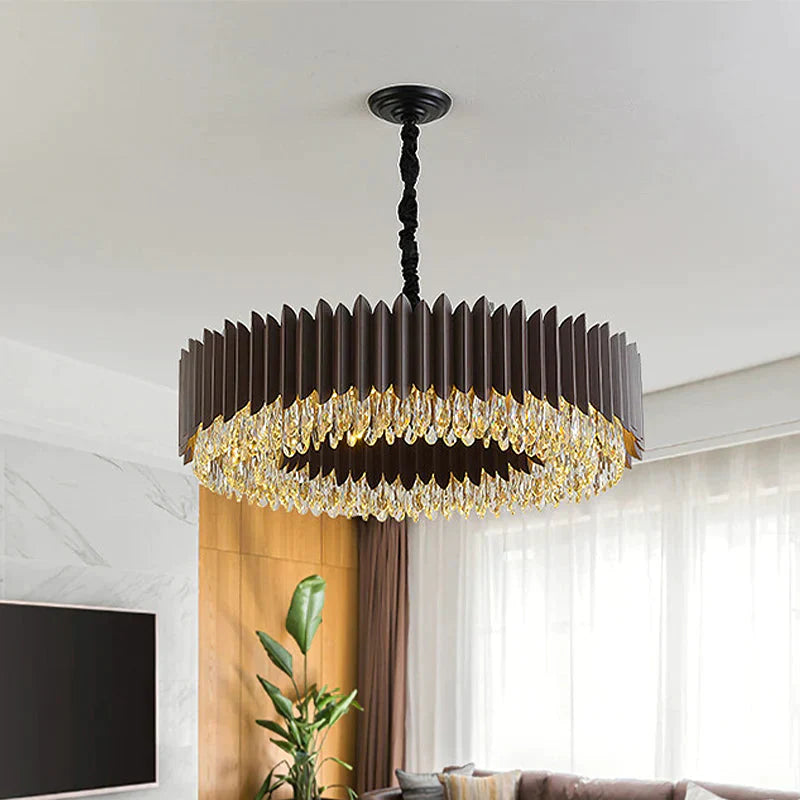 Teardrop Crystal Round Hanging Chandelier Postmodern Living Room Led Ceiling Pendant In Black