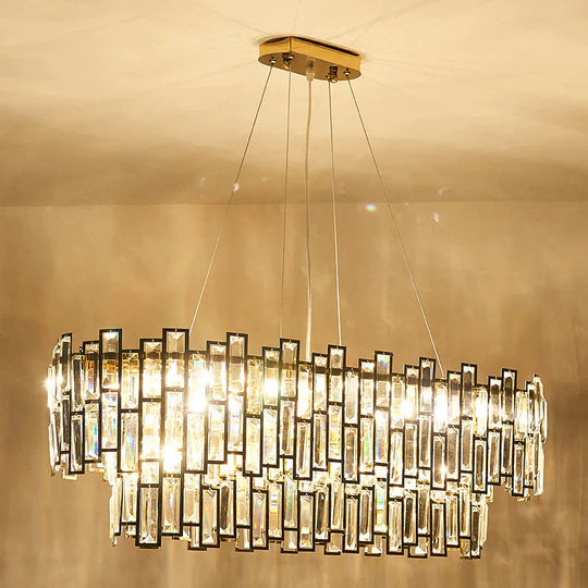 7 Heads Rectangle - Cut Crystal Ceiling Lamp Postmodern Gold Oval Dining Room Chandelier Pendant