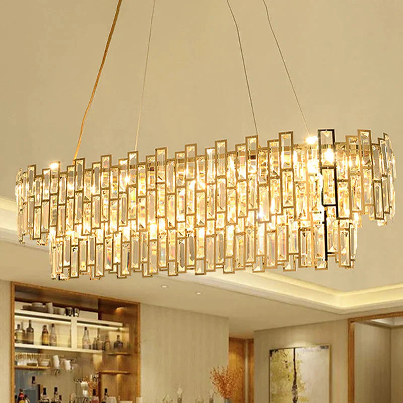 7 Heads Rectangle - Cut Crystal Ceiling Lamp Postmodern Gold Oval Dining Room Chandelier Pendant