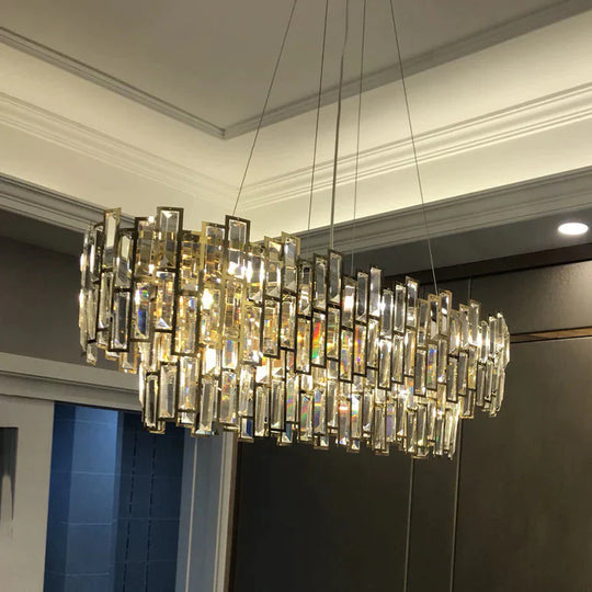 7 Heads Rectangle - Cut Crystal Ceiling Lamp Postmodern Gold Oval Dining Room Chandelier Pendant