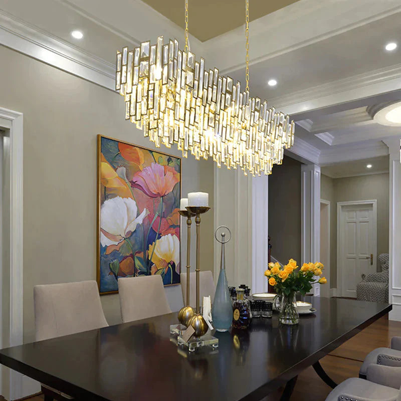 7 Heads Rectangle - Cut Crystal Ceiling Lamp Postmodern Gold Oval Dining Room Chandelier Pendant