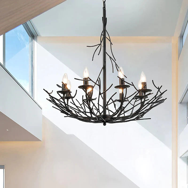 Vintage Nest Shape Chandelier Lamp 8 - Light Metallic Hanging Ceiling Pendant In Black