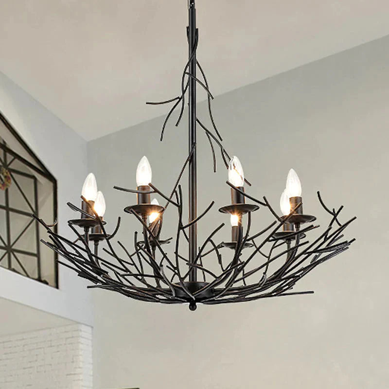 Vintage Nest Shape Chandelier Lamp 8 - Light Metallic Hanging Ceiling Pendant In Black