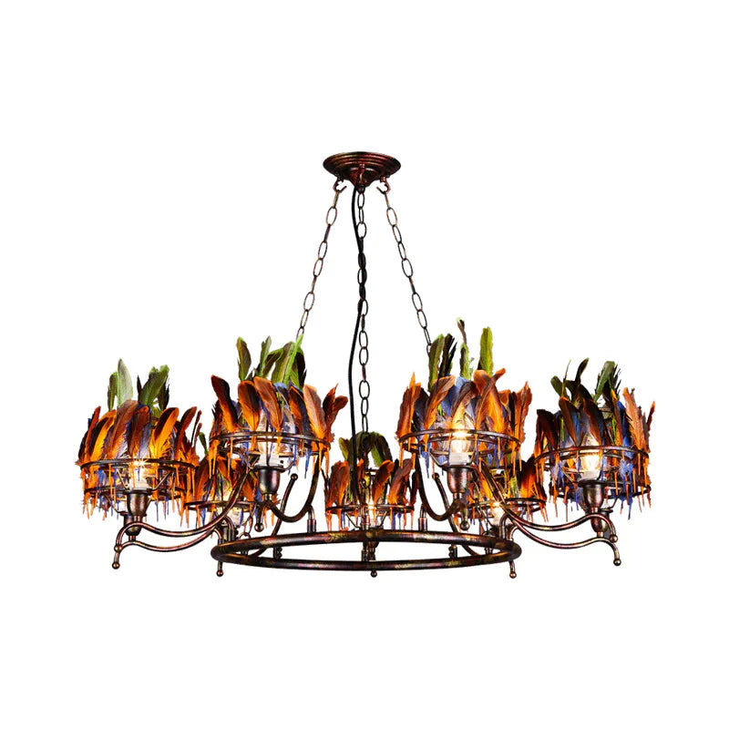 Copper Finish 9 - Head Traditional Chandelier Lamp With Indian Feather Headwear Element