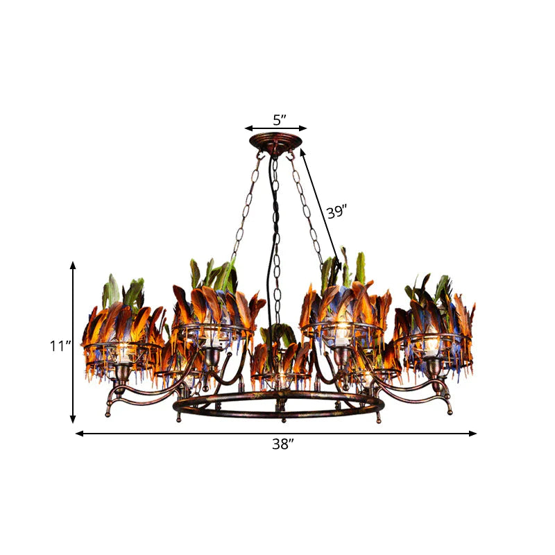 Copper Finish 9 - Head Traditional Chandelier Lamp With Indian Feather Headwear Element