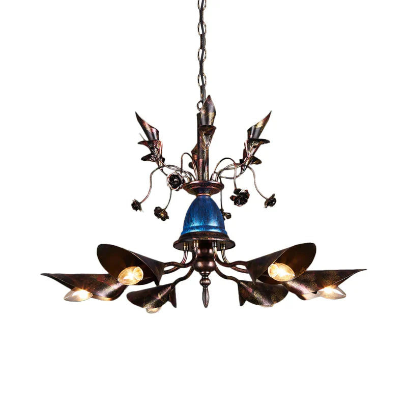 6 - Light Bell Chandelier Traditional Blue Iron Hanging Pendant With Red Flame Conical Shade