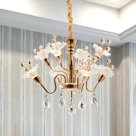 Floral Crystal Chandelier Lighting Traditionary 8 Bulbs Gold Pendant Light Fixture With Curved Arm