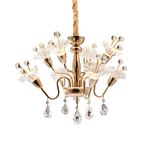 Floral Crystal Chandelier Lighting Traditionary 8 Bulbs Gold Pendant Light Fixture With Curved Arm