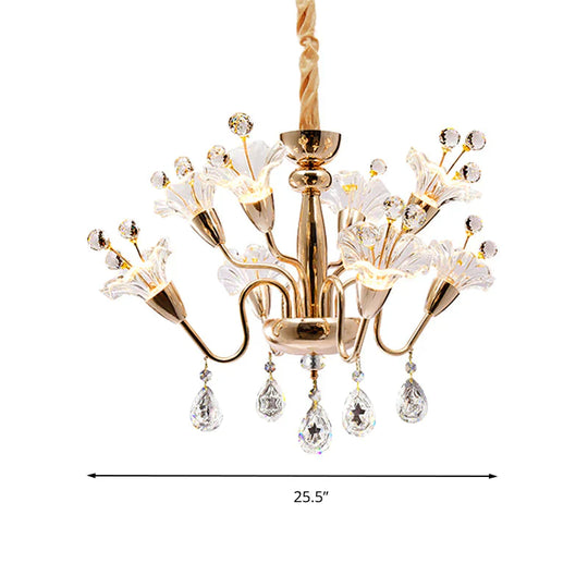 Floral Crystal Chandelier Lighting Traditionary 8 Bulbs Gold Pendant Light Fixture With Curved Arm