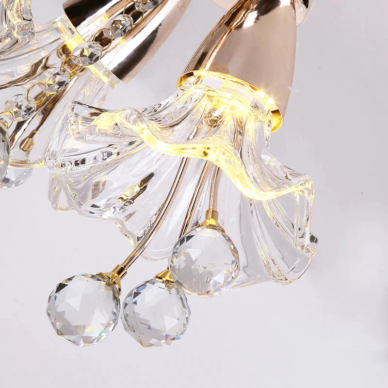 Floral Crystal Chandelier Lighting Traditionary 8 Bulbs Gold Pendant Light Fixture With Curved Arm