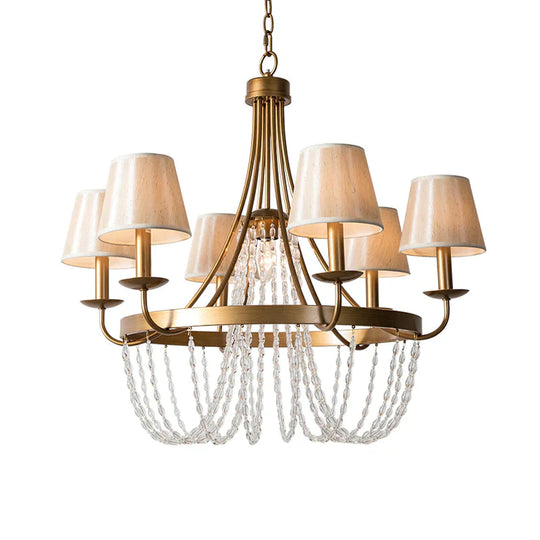 Brass Armed Hanging Chandelier Traditional 6 Heads Metal Pendant Light Fixture With Cone Fabric