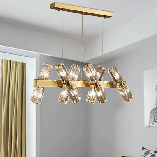 Tubular Chandelier Lamp Traditionary Beveled Crystal 12/16 Bulbs Gold Hanging Pendant Light