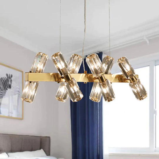 Tubular Chandelier Lamp Traditionary Beveled Crystal 12/16 Bulbs Gold Hanging Pendant Light