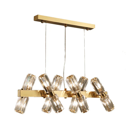 Tubular Chandelier Lamp Traditionary Beveled Crystal 12/16 Bulbs Gold Hanging Pendant Light