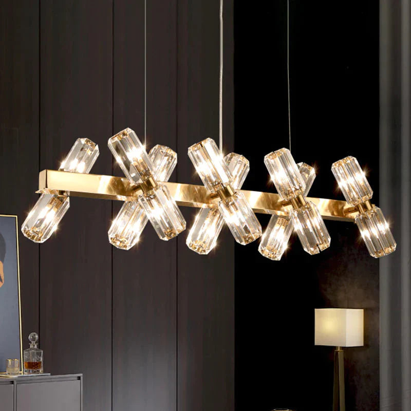 Tubular Chandelier Lamp Traditionary Beveled Crystal 12/16 Bulbs Gold Hanging Pendant Light