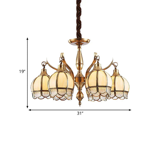 Gold 6 Lights Chandelier Lamp Colonialist Frosted Glass Flower Shape Down Lighting Pendant