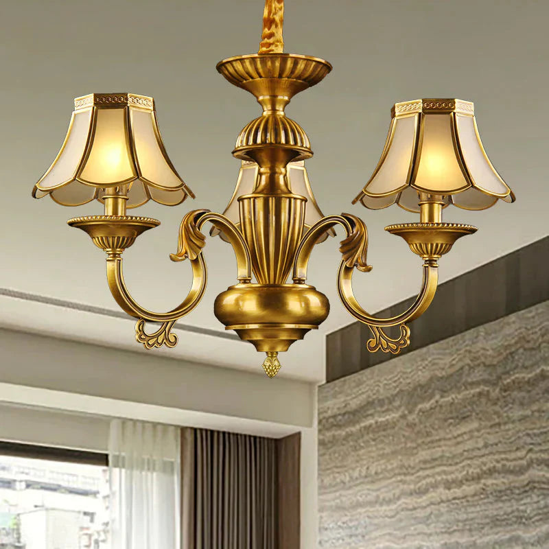 3/8 Lights Suspension Lighting Colonial Flared Frosted Glass Chandelier Pendant Lamp In Gold