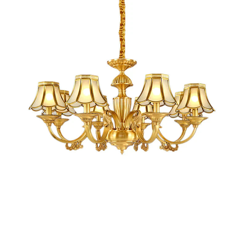 3/8 Lights Suspension Lighting Colonial Flared Frosted Glass Chandelier Pendant Lamp In Gold