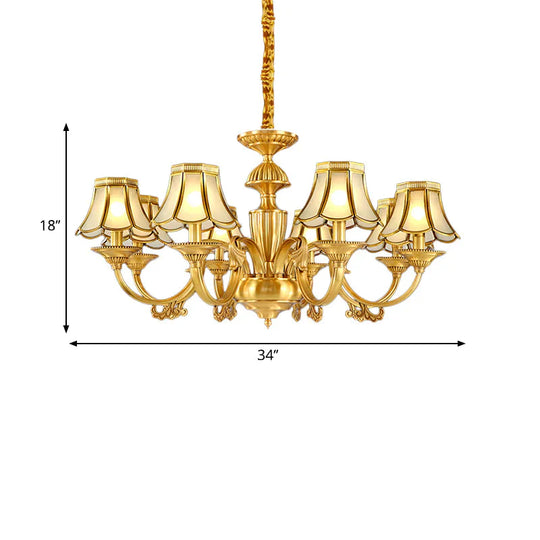 3/8 Lights Suspension Lighting Colonial Flared Frosted Glass Chandelier Pendant Lamp In Gold