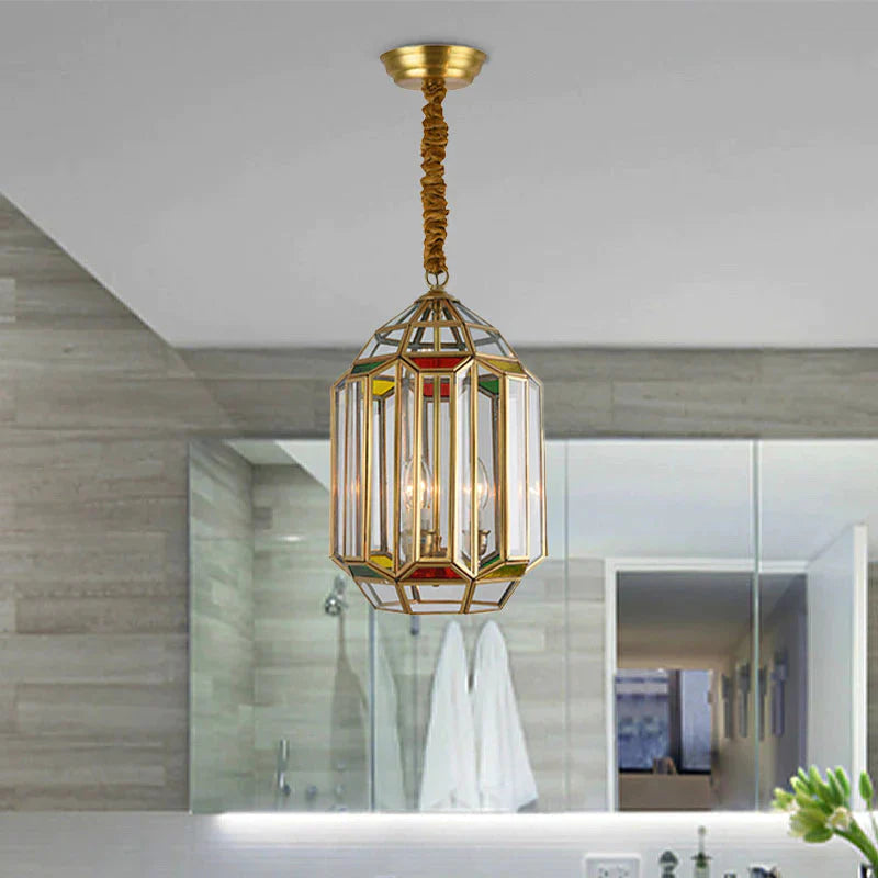 Gold 3 Heads Chandelier Lighting Colonialism Metal Lantern Pendant Ceiling Light With Clear Glass