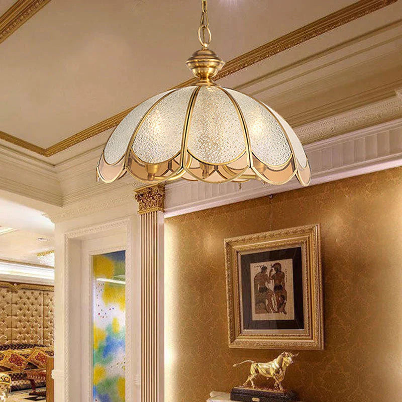 Gold 3 Heads Chandelier Light Colonialism Bubble Glass Scallop Suspended Lighting Fixture For