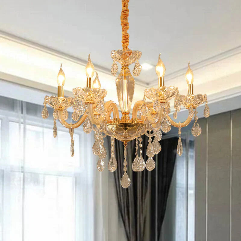 Beige Candle Style Hanging Ceiling Light Modern Crystal Drop 6/10 Heads Living Room Chandelier