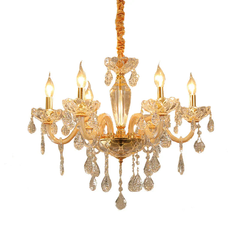 Beige Candle Style Hanging Ceiling Light Modern Crystal Drop 6/10 Heads Living Room Chandelier