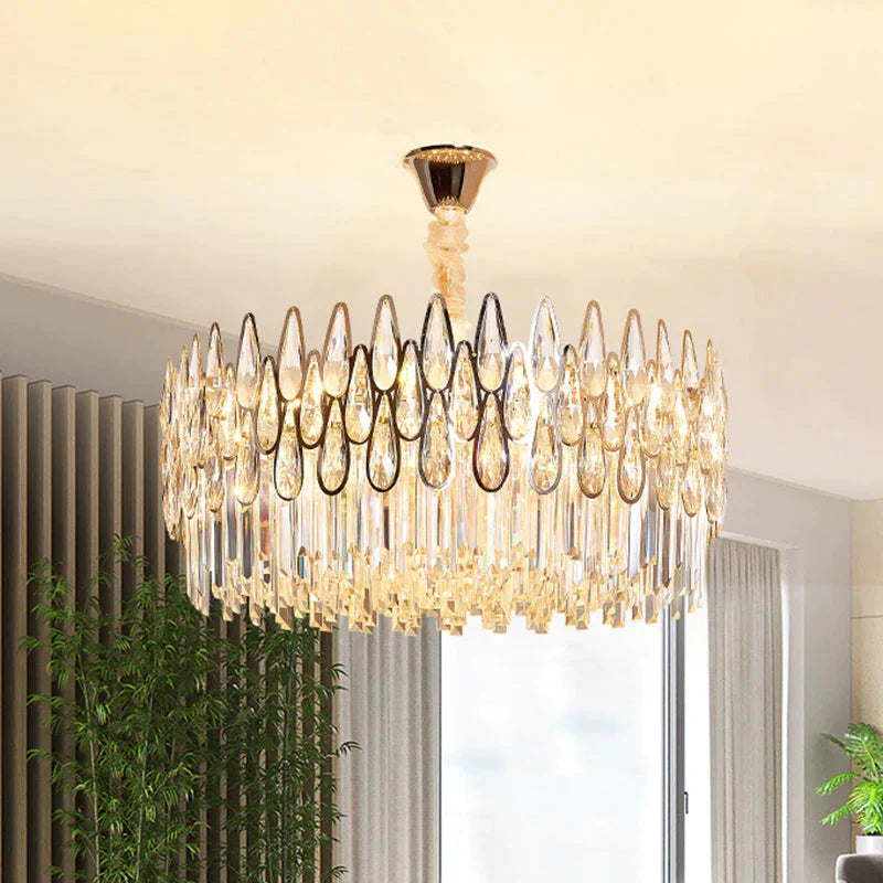 7 Heads Drum Chandelier Pendant Light Simple Clear Teardrop Crystal Hanging Ceiling