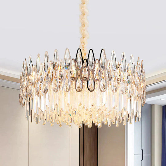 7 Heads Drum Chandelier Pendant Light Simple Clear Teardrop Crystal Hanging Ceiling