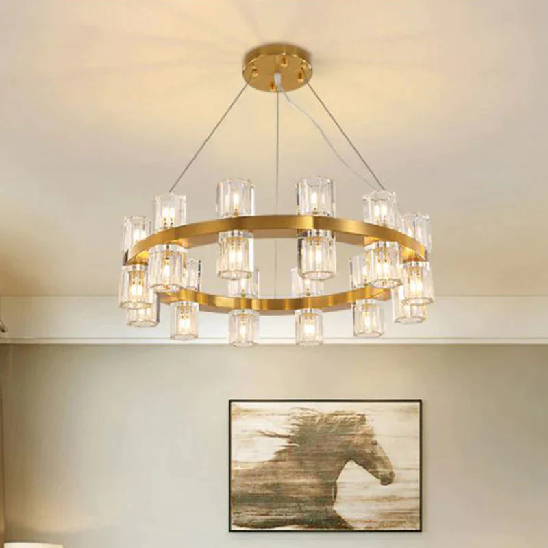 Ring Ridged Crystal Hanging Light Fixture Postmodern 24 Heads Bedroom Pendant Chandelier In Gold