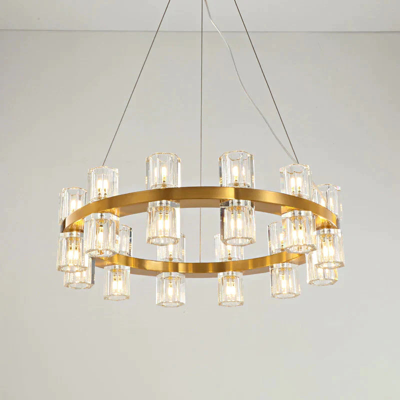 Ring Ridged Crystal Hanging Light Fixture Postmodern 24 Heads Bedroom Pendant Chandelier In Gold