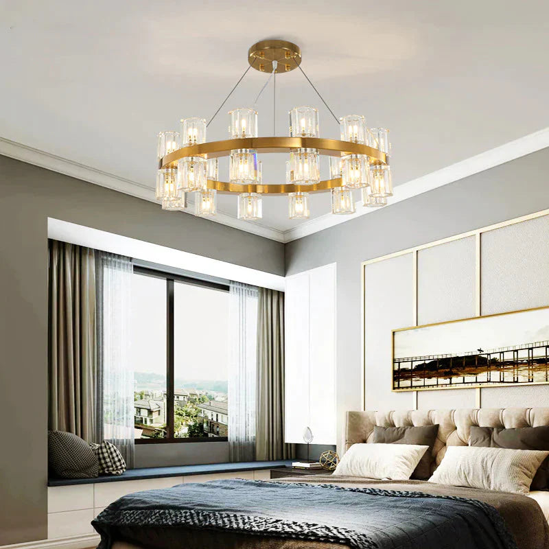 Ring Ridged Crystal Hanging Light Fixture Postmodern 24 Heads Bedroom Pendant Chandelier In Gold