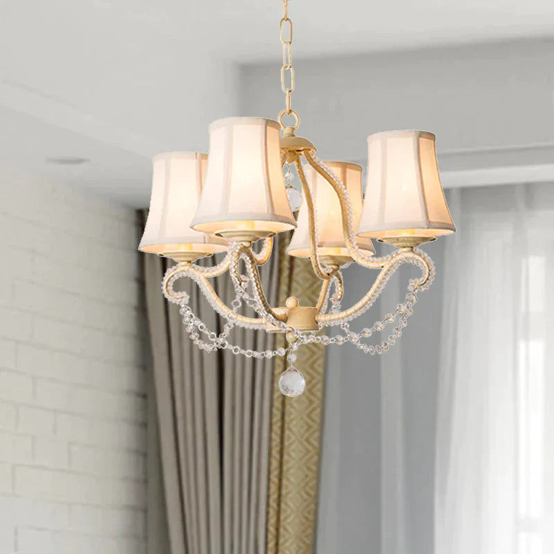 Empire Shade Bedroom Hanging Light Fixture Traditional Crystal Beaded 4 Heads Beige Chandelier