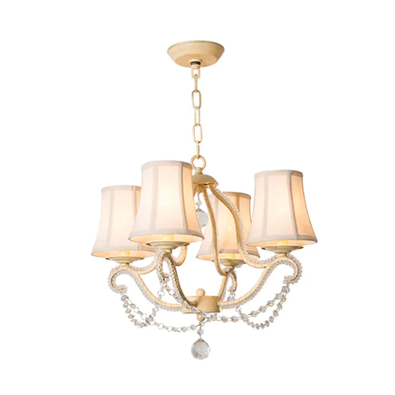 Empire Shade Bedroom Hanging Light Fixture Traditional Crystal Beaded 4 Heads Beige Chandelier