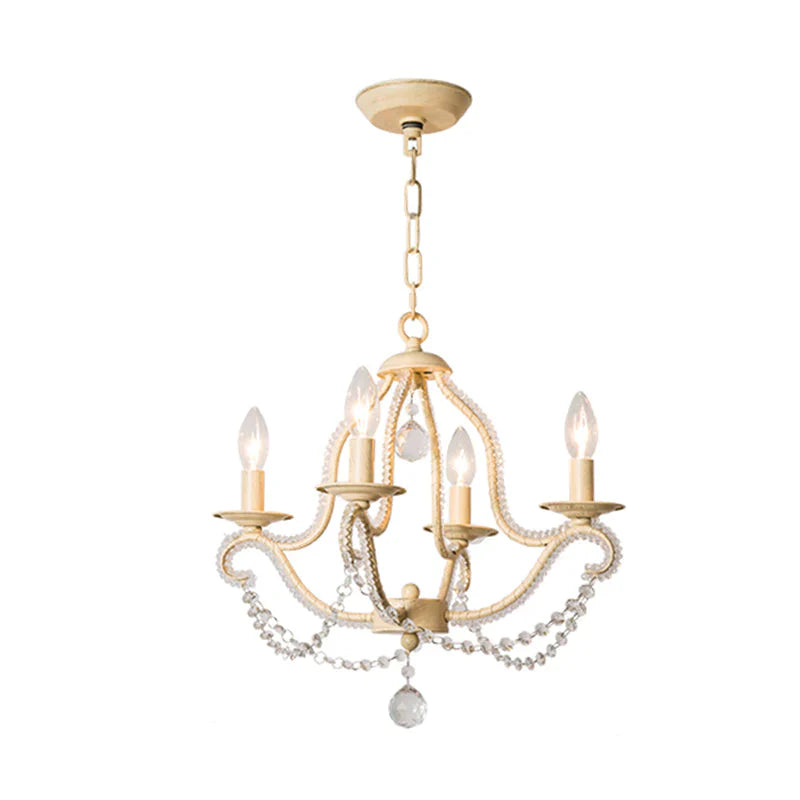 Empire Shade Bedroom Hanging Light Fixture Traditional Crystal Beaded 4 Heads Beige Chandelier