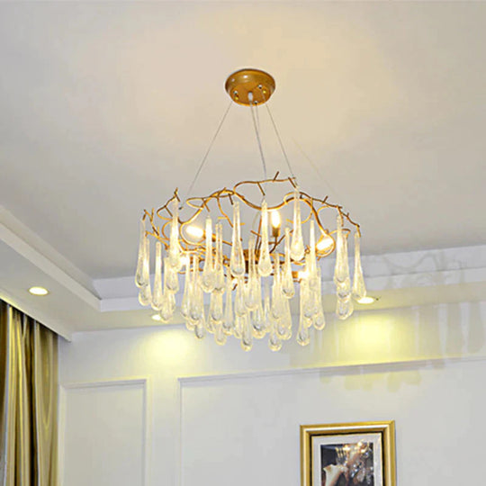 Gold Branch Ceiling Chandelier Postmodern Waterdrop Crystal 5 Heads Dining Room Suspension Lighting