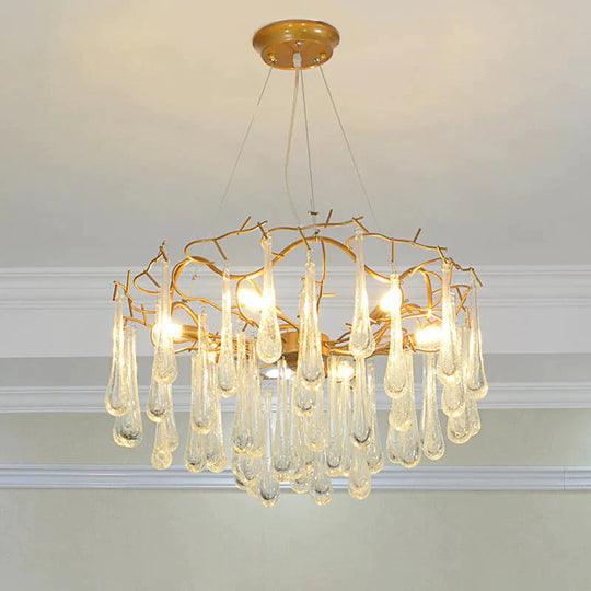 Gold Branch Ceiling Chandelier Postmodern Waterdrop Crystal 5 Heads Dining Room Suspension Lighting