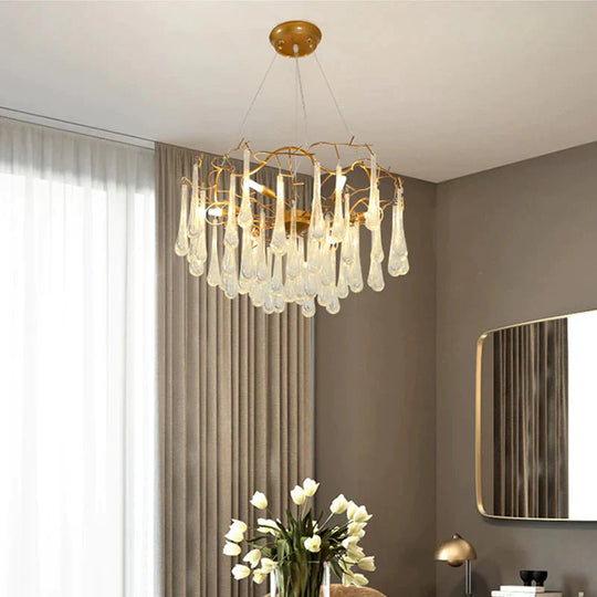 Gold Branch Ceiling Chandelier Postmodern Waterdrop Crystal 5 Heads Dining Room Suspension Lighting