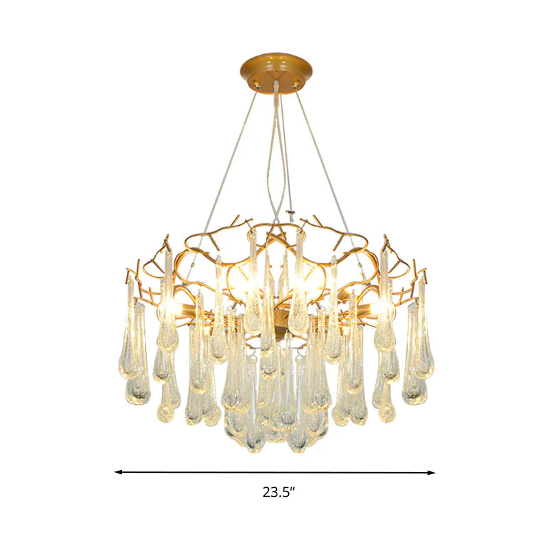 Gold Branch Ceiling Chandelier Postmodern Waterdrop Crystal 5 Heads Dining Room Suspension Lighting