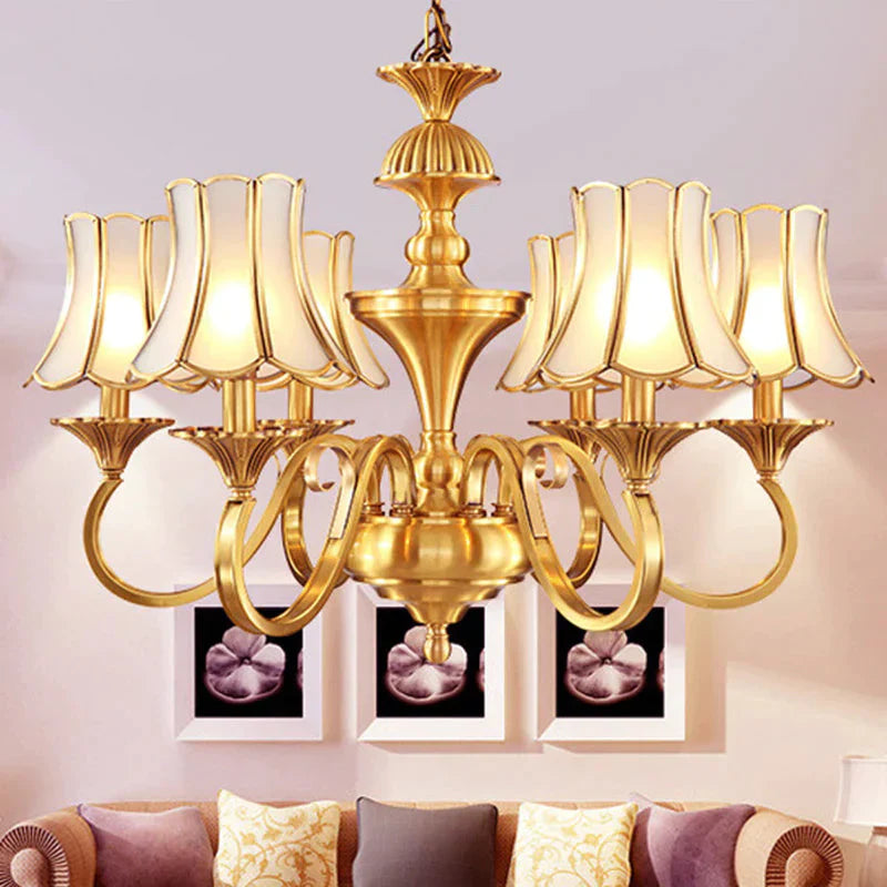 Frosted Glass Gold Pendant Chandelier Flared 3/6 Lights Colonialism Ceiling Hang Fixture For Bedroom