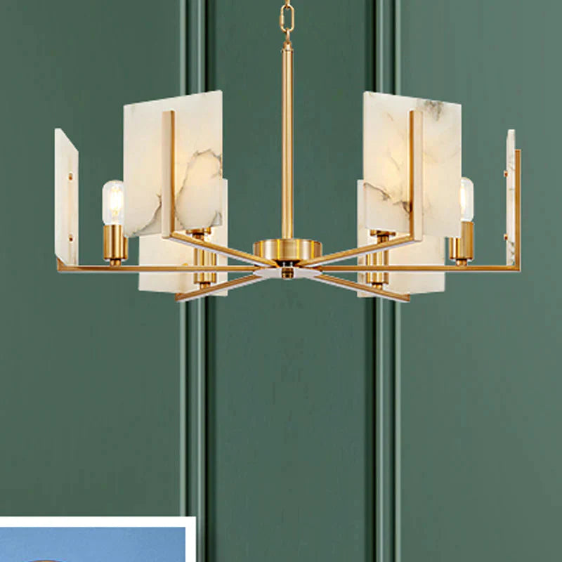 6 Lights Chandelier Pendant Light Colonial Expose Bulb Metal Suspension Lamp In Gold With Rectangle